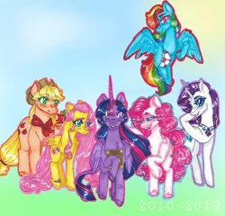 Size: 1125x1080 | Tagged: safe, artist:theartoffallensakura, derpibooru import, applejack, fluttershy, pinkie pie, rainbow dash, rarity, twilight sparkle, twilight sparkle (alicorn), alicorn, earth pony, pegasus, pony, unicorn, apple, book, food, mane six, soccer ball (object), traditional art