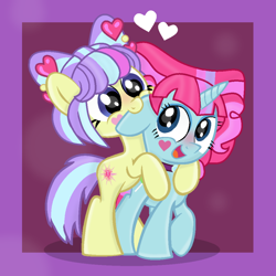 Size: 900x900 | Tagged: safe, artist:grapefruit-face, derpibooru import, kiwi lollipop, supernova zap, earth pony, pony, unicorn, base used, biting, blushing, ear bite, equestria girls ponified, happy, hug, hug from behind, k-lo, nibbling, ponified, postcrush, shipping, su-z