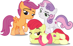 Size: 5038x3197 | Tagged: safe, artist:djdavid98 edits, artist:frownfactory, artist:sollace, derpibooru import, edit, editor:slayerbvc, apple bloom, scootaloo, sweetie belle, earth pony, pegasus, unicorn, :o, apple bloom's bow, bedroom eyes, bow, cutie mark, cutie mark crusaders, draw me like one of your french girls, female, filly, hair bow, lidded eyes, looking at you, lying down, no regrets, on side, open mouth, raised hoof, raised leg, simple background, smiling, smug, socks (coat marking), the cmc's cutie marks, transparent background, vector, vector edit