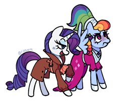 Size: 950x773 | Tagged: safe, artist:risswm, derpibooru import, rainbow dash, rarity, sparkle's seven, alternate hairstyle, blushing, clothes, detective rarity, dress, female, lesbian, megaradash, raridash, shipping