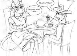 Size: 1000x734 | Tagged: safe, artist:barn-flakes, derpibooru import, oc, oc only, anthro, human, unicorn, alice in wonderland, clothes, cup, dress, female, hat, horn, leonine tail, lineart, mad hatter, male, mind control, monochrome, sitting, swirly eyes, teacup, teapot, top hat, traditional art, unicorn oc