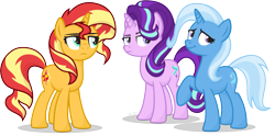 Size: 4616x2293 | Tagged: safe, artist:le-23, derpibooru import, starlight glimmer, sunset shimmer, trixie, unicorn, magical trio, simple background, transparent background