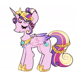 Size: 2365x2365 | Tagged: safe, artist:plushfurby, derpibooru import, princess cadance, alicorn, pony, alternate design, alternate hairstyle, alternate universe, colored wings, crown, eyes closed, female, hair bun, hoof shoes, jewelry, multicolored wings, regalia, ring, simple background, smiling, solo, wedding ring, white background, wings