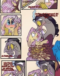 Size: 540x676 | Tagged: safe, artist:cocolove2176, derpibooru import, discord, fluttershy, draconequus, pegasus, pony, comic:i woke up next to you, blushing, cheek squish, colored hooves, comic, dialogue, discoshy, female, hug, male, mare, shipping, smiling, squishy cheeks, straight, wings