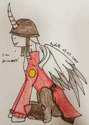 Size: 2483x3491 | Tagged: safe, artist:agdapl, derpibooru import, alicorn, pony, alicornified, clothes, crossover, helmet, horn, male, pants, ponified, race swap, signature, sitting, soldier, solo, stallion, talking, team fortress 2, traditional art, wings