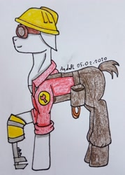 Size: 2289x3198 | Tagged: safe, artist:agdapl, derpibooru import, earth pony, pony, clothes, crossover, ears, engineer, floppy ears, goggles, hard hat, male, pants, ponified, signature, solo, stallion, team fortress 2, traditional art