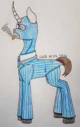 Size: 2241x3539 | Tagged: safe, artist:agdapl, derpibooru import, pony, unicorn, cigarette, clothes, crossover, horn, male, mask, pants, ponified, signature, smoking, solo, spy, stallion, team fortress 2, traditional art