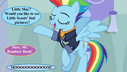 Size: 1280x720 | Tagged: safe, derpibooru import, edit, edited screencap, screencap, rainbow dash, the last problem, dialogue, implied little mac, implied oc, mothers gonna mother, older, older rainbow dash, speech bubble, wonderbolts jacket