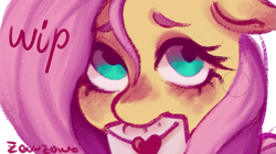 Size: 1021x573 | Tagged: safe, artist:zowzowo, derpibooru import, fluttershy, pegasus, pony, big eyes, blushing, close-up, cute, ears, face, floppy ears, love letter, painting, shy, solo, wip