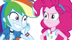 Size: 1280x720 | Tagged: safe, derpibooru import, pinkie pie, rainbow dash, equestria girls, equestria girls series, movie magic, rollercoaster of friendship, spoiler:eqg specials, angry, armpits, blue eyes, blue skin, duo, duo female, female, geode of sugar bombs, girly girl, grin, hairband, laughing, magical geodes, multicolored hair, nervous, nervous grin, pink eyes, pink hair, pink skin, pinkie pie is not amused, rainbow douche, smiling, tomboy, unamused, wristband