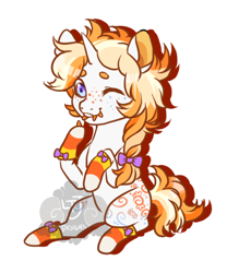 Size: 500x600 | Tagged: safe, artist:lavvythejackalope, derpibooru import, oc, oc only, earth pony, pony, bow, braid, candy, candy corn, earth pony oc, food, freckles, hair bow, leg warmers, male, one eye closed, simple background, sitting, solo, stallion, white background, wink