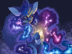 Size: 1200x897 | Tagged: safe, artist:maryhoovesfield, derpibooru import, princess luna, alicorn, pony, curved horn, ear fluff, ears, ethereal mane, female, galaxy mane, hoof shoes, horn, mare, signature, solo, wings