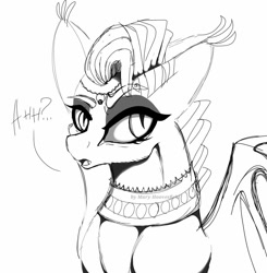 Size: 1004x1024 | Tagged: safe, artist:maryhoovesfield, derpibooru import, oc, oc only, bat pony, pony, bat pony oc, bust, choker, ear fluff, ears, eyelashes, female, lineart, makeup, mare, monochrome, signature, simple background, solo, talking, white background