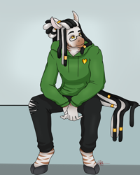 Size: 2400x3000 | Tagged: safe, artist:artistryizzy, derpibooru import, oc, oc:zahk, anthro, zebra, clothes, dreadlocks, glasses, hair jewelry, hoodie, male, solo