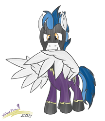 Size: 880x1020 | Tagged: safe, artist:whirlwindflux, derpibooru import, oc, oc:whirlwind flux, pegasus, pony, april fools, clothes, costume, grooming, male, preening, shadowbolts, shadowbolts costume, stallion