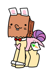 Size: 634x898 | Tagged: safe, artist:paperbagpony, derpibooru import, oc, oc only, oc:paper bag, earth pony, pony, animal costume, bowtie, bunny costume, bunny suit, clothes, costume, cufflinks, cute, fake cutie mark, fake ears, female, mare, ocbetes, simple background, solo, tail bun, white background