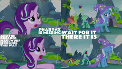 Size: 1280x720 | Tagged: safe, derpibooru import, edit, edited screencap, editor:quoterific, screencap, cornicle, starlight glimmer, trixie, changeling, pony, unicorn, to change a changeling, arista, cape, clothes, eyes closed, female, frenulum (character), hat, male, mare, nose in the air, open mouth, stallion, trixie's cape, trixie's hat, volumetric mouth