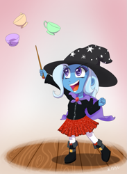 Size: 733x1000 | Tagged: safe, artist:empyu, derpibooru import, trixie, equestria girls, child, cup, magic, solo, teacup, telekinesis, that pony sure does love teacups, wand, younger