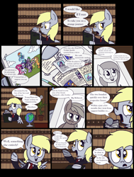 Size: 2560x3392 | Tagged: safe, artist:graciegirl328, derpibooru import, applejack, big macintosh, derpy hooves, fluttershy, pinkie pie, rainbow dash, rarity, spike, twilight sparkle, pegasus, pony, comic:the jacky horror web comic, clothes, comic, dialogue, female, implied fluttermac, implied shipping, implied straight, library, mane seven, mane six, mare, necktie, newspaper, photo, speech bubble, suit