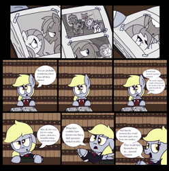 Size: 2552x2576 | Tagged: safe, artist:graciegirl328, derpibooru import, big macintosh, derpy hooves, fluttershy, pegasus, pony, comic:the jacky horror web comic, clothes, comic, dialogue, female, fluttermac, library, male, mare, narrator, necktie, photo, rocky horror picture show, shipping, solo, speech bubble, straight, suit