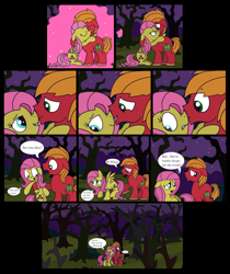 Size: 2792x3320 | Tagged: safe, artist:graciegirl328, derpibooru import, big macintosh, fluttershy, earth pony, pegasus, pony, comic:the jacky horror web comic, boop, comic, dialogue, female, fluttermac, forest, hug, male, mare, night, noseboop, rocky horror picture show, shipping, speech bubble, stallion, straight