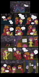 Size: 2272x4504 | Tagged: safe, artist:graciegirl328, derpibooru import, big macintosh, fluttershy, spike, dragon, earth pony, pegasus, pony, comic:the jacky horror web comic, comic, dialogue, female, fluttermac, forest, knocking, male, mare, night, rain, rocky horror picture show, shipping, speech bubble, stallion, straight, twilight's castle