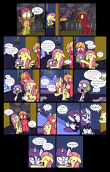 Size: 2720x4240 | Tagged: safe, artist:graciegirl328, derpibooru import, big macintosh, fluttershy, rarity, spike, dragon, earth pony, pegasus, pony, unicorn, comic:the jacky horror web comic, alternate hairstyle, clothes, comic, dialogue, female, fluttermac, implied brainwashing, maid, male, rain, rocky horror picture show, shipping, speech bubble, straight, wet, wet mane