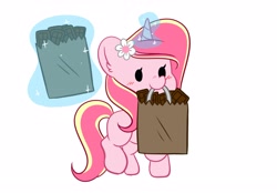 Size: 4096x2847 | Tagged: safe, artist:kittyrosie, derpibooru import, oc, oc only, oc:rosa flame, pony, unicorn, bag, blushing, chibi, chocolate, chocolate bar, food, magic, mouth hold, smiling, solo, telekinesis