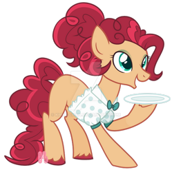 Size: 600x603 | Tagged: safe, artist:khimi-chan, derpibooru import, oc, oc only, oc:party platter, pony, blank flank, bowtie, clothes, deviantart watermark, eyeshadow, female, makeup, mare, obtrusive watermark, offspring, parent:cheese sandwich, parent:pinkie pie, parents:cheesepie, plate, shirt, simple background, transparent background, unshorn fetlocks, watermark