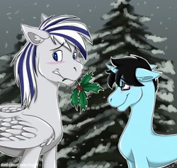 Size: 1280x1216 | Tagged: safe, anonymous artist, derpibooru import, oc, oc only, oc:onyx diamond, oc:tinker doo, pegasus, unicorn, about to kiss, blushing, christmas, glasses, happy, holiday, holly, holly mistaken for mistletoe, large wings, looking away, not porn, size difference, snow, tree, wings