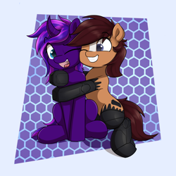 Size: 3000x3000 | Tagged: safe, artist:vipy, derpibooru import, oc, oc:tihan, oc:wireless fuzz, earth pony, pony, unicorn, amputee, grin, hug, one eye closed, open mouth, open smile, prosthetic limb, prosthetics, smiling