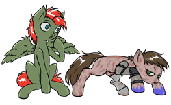 Size: 2620x1604 | Tagged: safe, artist:leastways, derpibooru import, oc, oc:jetlag, oc:suddennotion, earth pony, ghoul, pony, undead, unicorn, fallout equestria, clothes, commission, simple background, sketch, sneaking, surprised face, teaching, transparent background