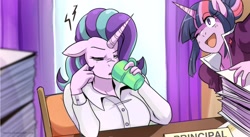 Size: 1654x909 | Tagged: safe, artist:traupa, derpibooru import, starlight glimmer, twilight sparkle, anthro, unicorn, breasts, coffee mug, drink, headlight sparkle, mug, one eye closed, open mouth, paperwork, starlight is not amused, starlight jiggler, unamused