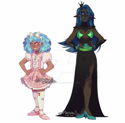 Size: 1280x1262 | Tagged: safe, artist:marshiroart, derpibooru import, cozy glow, queen chrysalis, human, alternate hairstyle, bow, clothes, dark skin, dress, duo, elf ears, eyeshadow, fangs, female, flats, freckles, grin, hair bow, high heels, humanized, lipstick, makeup, nail polish, shoes, simple background, skirt, smiling, stockings, thigh highs, white background