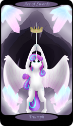 Size: 1500x2591 | Tagged: safe, artist:sixes&sevens, derpibooru import, part of a set, princess flurry heart, alicorn, ace of swords, bipedal, cave, crown, crystal, female, glowing crystals, jewelry, minor arcana, older, older flurry heart, rapier, reaching up, regalia, solo, sword, tarot card, weapon, wings