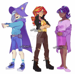 Size: 1280x1262 | Tagged: safe, artist:marshiroart, derpibooru import, starlight glimmer, sunset shimmer, trixie, human, alternate hairstyle, badge, belt, bisexual pride flag, boots, cape, clothes, coat, converse, crossed arms, dark skin, ear piercing, earring, female, flats, freckles, hat, humanized, jacket, jeans, jewelry, leather jacket, magical trio, necklace, one eye closed, open mouth, pants, piercing, pride, pride flag, ripped jeans, ripped pants, shirt, shoes, shorts, socks, striped socks, sweater, t-shirt, torn clothes, trio, trixie's cape, trixie's hat, wink