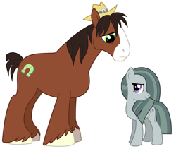 Size: 1275x1077 | Tagged: safe, derpibooru import, edit, marble pie, trouble shoes, earth pony, pony, female, looking at each other, male, marbleshoes, mare, shipping, simple background, size difference, smiling, stallion, straight, vector, white background