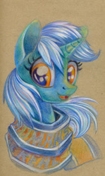 Size: 656x1100 | Tagged: safe, artist:maytee, derpibooru import, lyra heartstrings, pony, unicorn, bust, clothes, colored pencil drawing, portrait, scarf, smiling, solo, that pony sure does love humans, traditional art