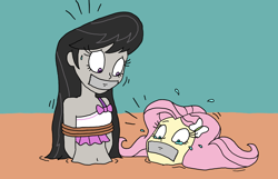 Size: 2014x1294 | Tagged: safe, artist:bugssonicx, derpibooru import, fluttershy, octavia melody, equestria girls, arm behind back, belly button, bondage, bound and gagged, crying, damsel in distress, gag, peril, quicksand, rope, rope bondage, sweat, sweatdrop, tape, tape gag, tears of fear, teary eyes, tied up