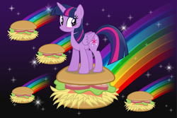 Size: 10676x7138 | Tagged: safe, artist:anime-equestria, derpibooru import, twilight sparkle, twilight sparkle (alicorn), alicorn, pony, absurd resolution, blushing, burger, female, folded wings, food, hay burger, horn, mare, rainbow, smiling, solo, space, sparkles, that pony sure does love burgers, twilight burgkle, wings