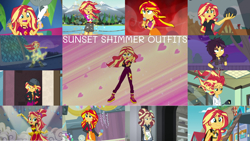 Size: 1280x722 | Tagged: safe, derpibooru import, edit, edited screencap, editor:quoterific, screencap, sunset shimmer, human, better together, costume conundrum, costume conundrum: sunset shimmer, dance magic, display of affection, eqg summertime shorts, equestria girls, forgotten friendship, good vibes, i'm on a yacht, legend of everfree, my past is not today, opening night, opening night: sunset shimmer, sunset's backstage pass!, the science of magic, spoiler:eqg specials, belly button, cap, clothes, confident, cute, cutie mark, cutie mark on clothes, dance magic (song), denim shorts, determined, determined look, embrace the magic, eyes closed, female, geode of empathy, happy, hat, jacket, leather, leather jacket, long hair, magical geodes, messy hair, microphone, multicolored hair, music festival outfit, one eye closed, open mouth, ponytail, serious, shimmerbetes, shorts, singing, smiling, solo, solo female, to be or not to be, tomboy, visor cap, welcome to the show, yellow skin
