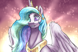 Size: 1500x1000 | Tagged: safe, artist:not-ordinary-pony, derpibooru exclusive, derpibooru import, princess celestia, alicorn, pony, bust, colored pupils, crepuscular rays, cute, cutelestia, dawn, female, glow, grin, hair over one eye, mare, portrait, smiling, solo, spread wings, wing fluff, wings