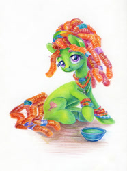 Size: 893x1200 | Tagged: safe, artist:maytee, derpibooru import, tree hugger, earth pony, pony, alternate hairstyle, bowl, bracelet, colored pencil drawing, female, jewelry, looking at you, mare, necklace, raised hoof, raised leg, sitting, smiling, solo, traditional art