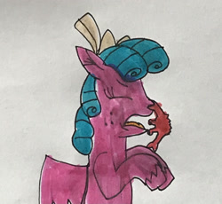 Size: 3022x2783 | Tagged: safe, artist:walkerstar, derpibooru import, cozy glow, crab, pegasus, pony, bow, female, filly, foal, hair bow, nose pinch, solo, traditional art