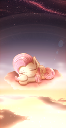 Size: 2000x3844 | Tagged: safe, artist:phoenixrk49, derpibooru import, fluttershy, pegasus, pony, cheek fluff, cloud, cute, ear fluff, ears, eyes closed, female, folded wings, high res, lens flare, lying down, mare, on a cloud, outdoors, peaceful, prone, shyabetes, sky, sleeping, smiling, solo, starry sky, sunset, wallpaper, wings