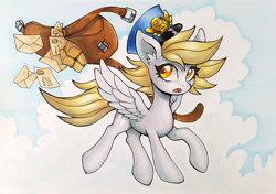 Size: 900x633 | Tagged: safe, artist:asimos, derpibooru import, derpy hooves, pegasus, pony, ear fluff, ears, female, flying, hat, mail, mailbag, mailmare, mare, open mouth, solo, spread wings, traditional art, wings