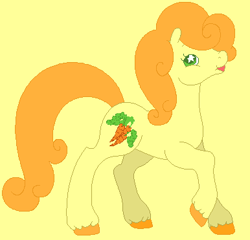 Size: 386x371 | Tagged: safe, artist:diamondbellefan25, artist:lol60651, derpibooru import, carrot top, golden harvest, earth pony, pony, g2, background pony, base used, close-up, female, g4 to g2, generation leap, mare, open mouth, raised hoof, raised leg, simple background, smiling, underhoof, unshorn fetlocks, yellow background