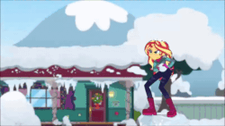 Size: 800x450 | Tagged: safe, derpibooru import, screencap, applejack, sunset shimmer, better together, equestria girls, holidays unwrapped, animated, badass, flag, gif, saving pinkie's pie, slow motion, snow, snowball