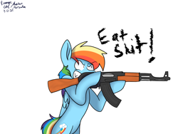 Size: 2048x1536 | Tagged: safe, artist:dasher.forsaken, derpibooru import, rainbow dash, pegasus, pony, angry, eat shit, gun, simple background, solo, vulgar, weapon, white background