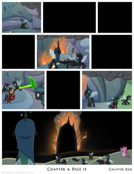 Size: 1200x1552 | Tagged: safe, artist:deusexequus, derpibooru import, pinkie pie, queen chrysalis, twilight sparkle, oc, oc:star spark, alicorn, changeling, changeling queen, earth pony, pony, comic:fix, burned, burning, comic, crying, ears, eyes closed, female, fire, floppy ears, smoke